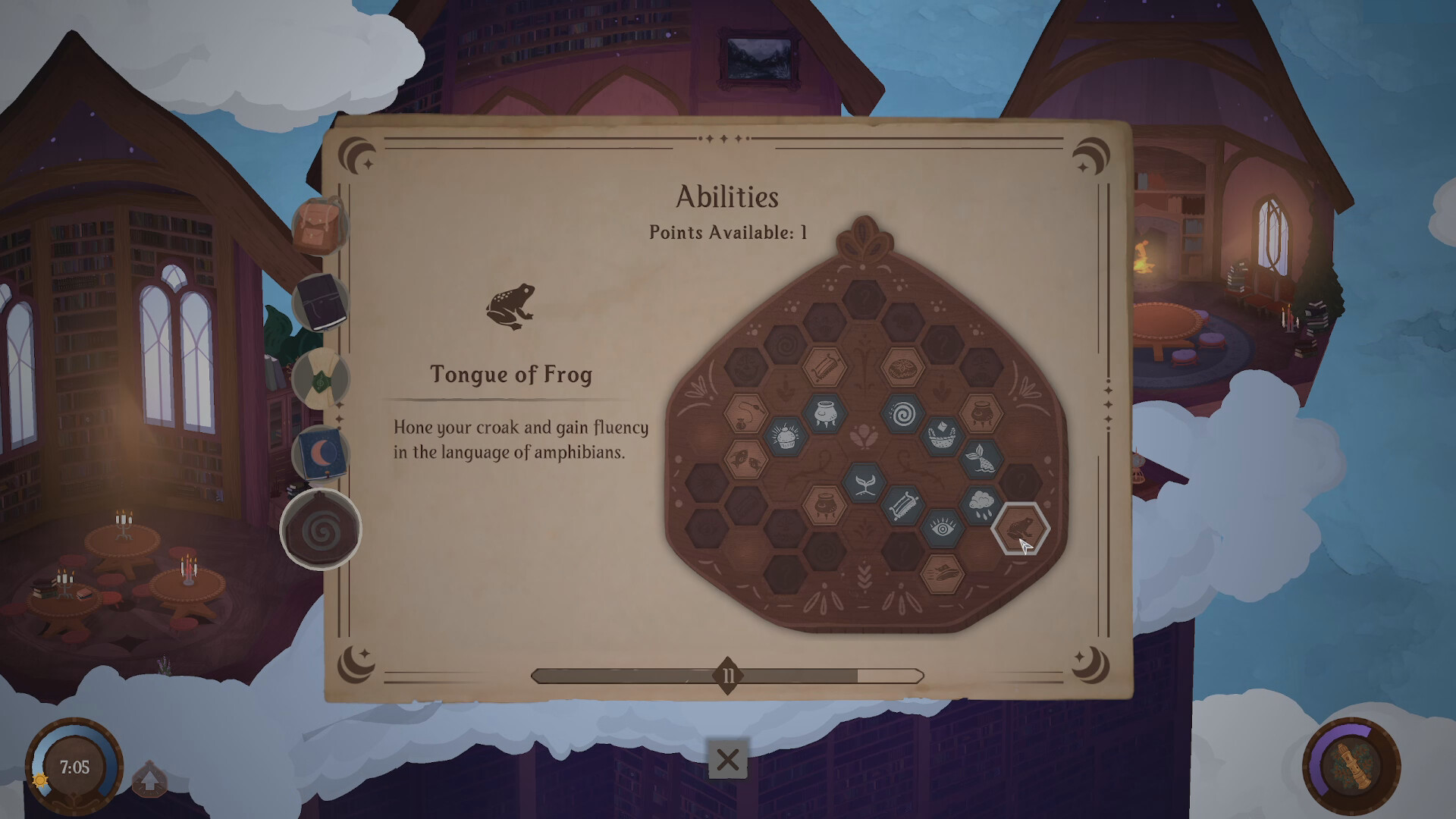 The skills and map interface in Songs of Glimmerwick